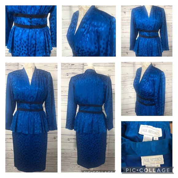 Vintage Silk Studio Blue & Black polkadot fitted waist top & skirt size 12 - Picture 2 of 12